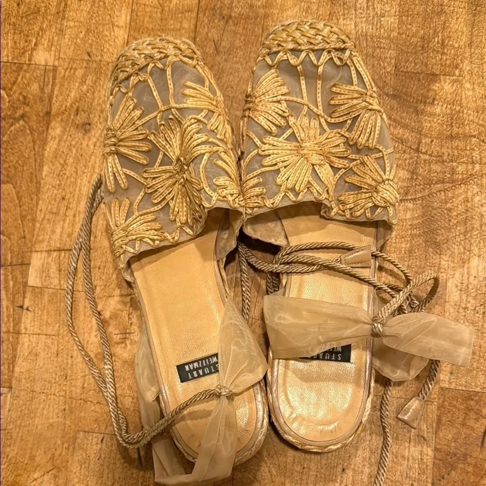 Stuart Weitzman Gold Espadrilles with Intricate Woven Design